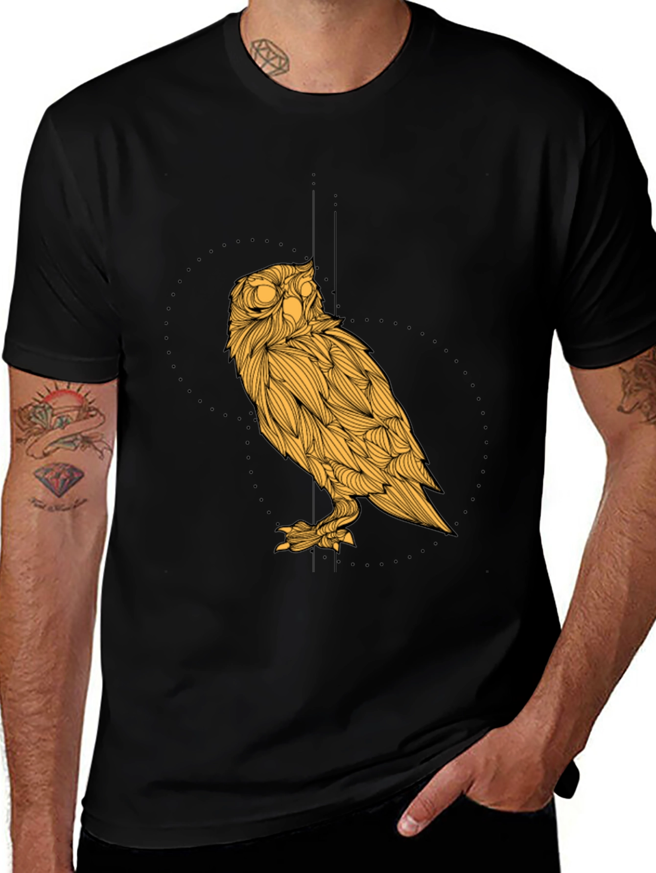 Variant 27 of Men's Black T-Shirt with Golden Owl Graphic