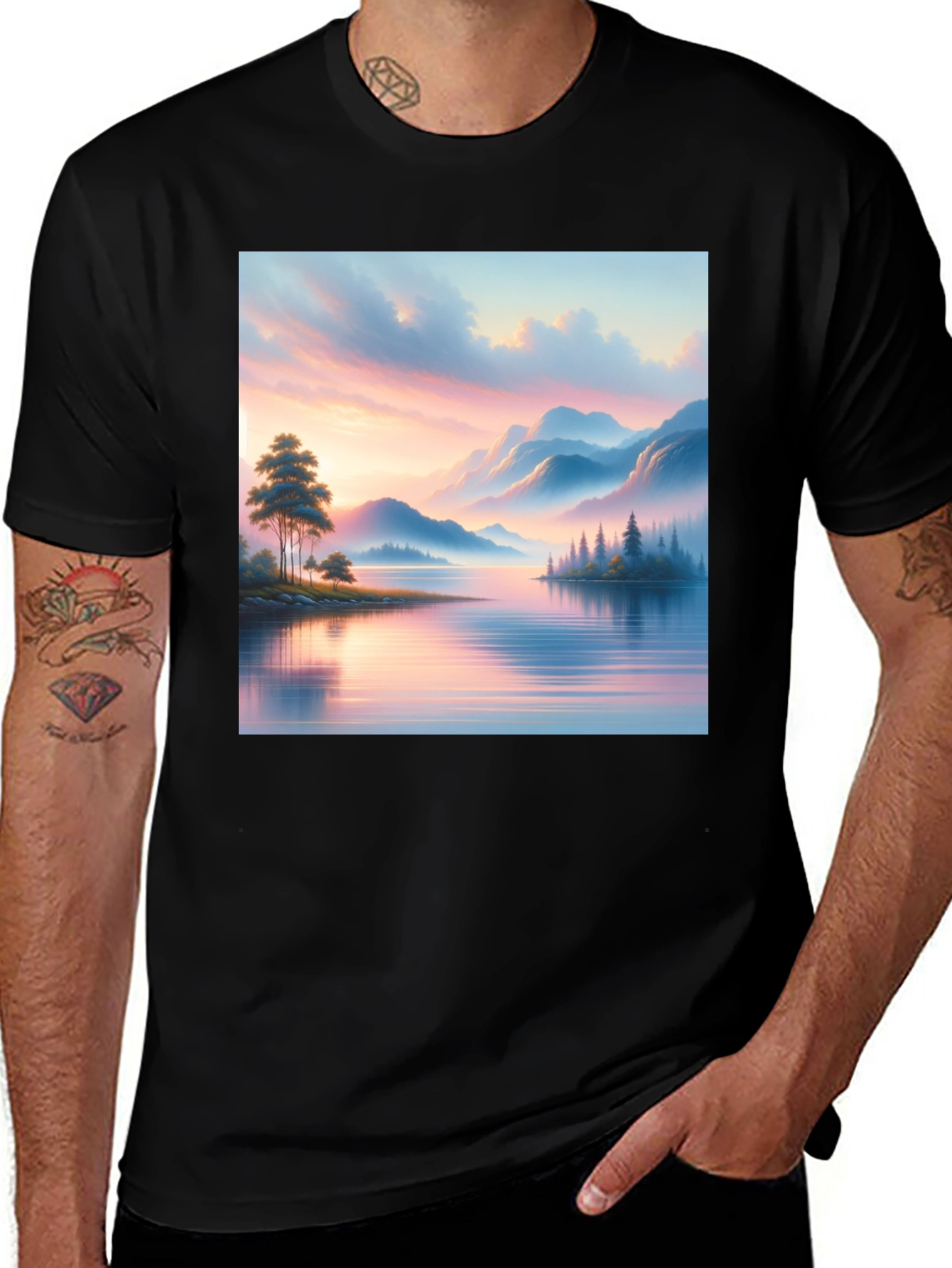 Variant 4 of Scenic Lake View Graphic Tee - Black