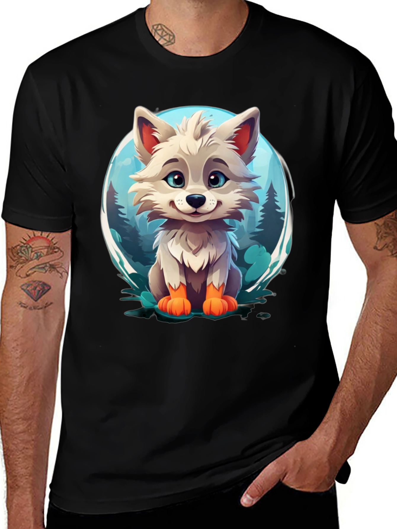 Variant 14 of Cute Cartoon Wolf Graphic Tee - Black