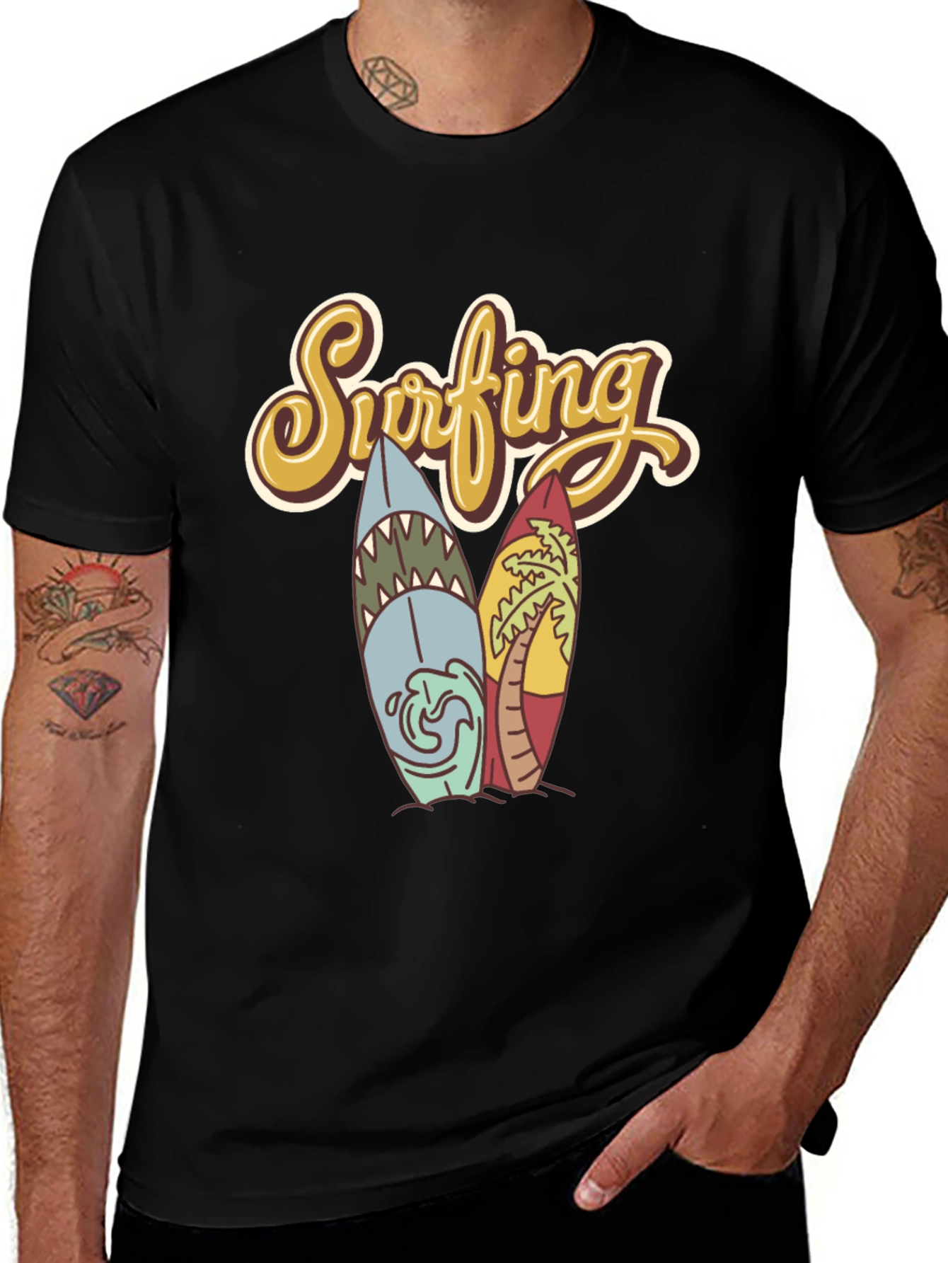 Variant 24 of Retro Surfing T-Shirt - Shark & Palm Tree Surfboards
