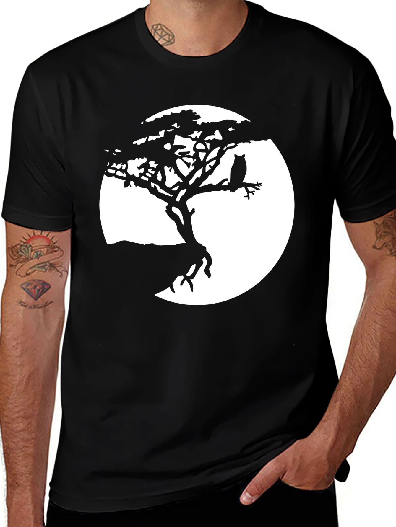 Owl Silhouette Tree Graphic Tee - Men's Black T-Shirt