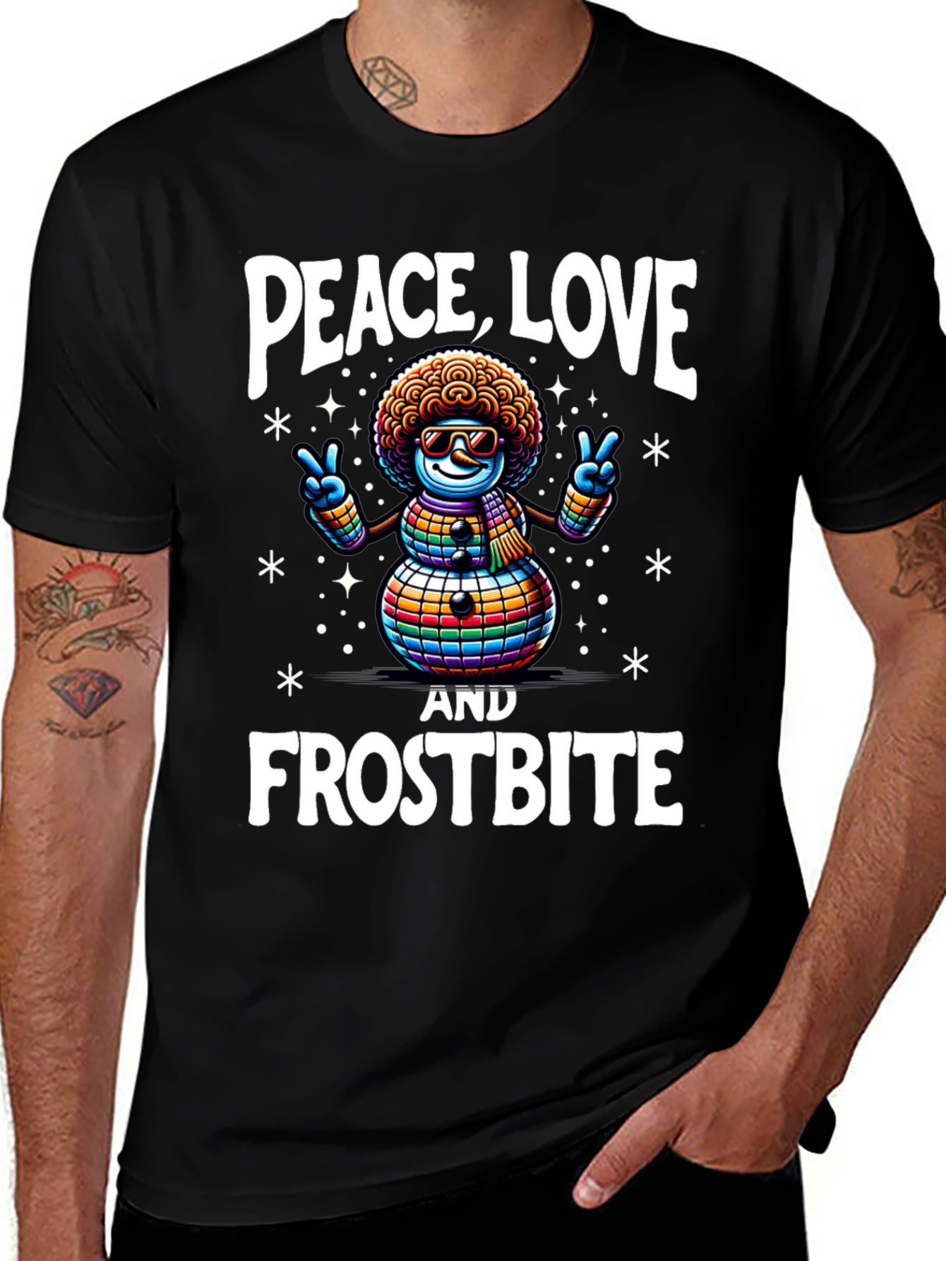 Variant 14 of Peace, Love, & Frostbite Snowman T-Shirt