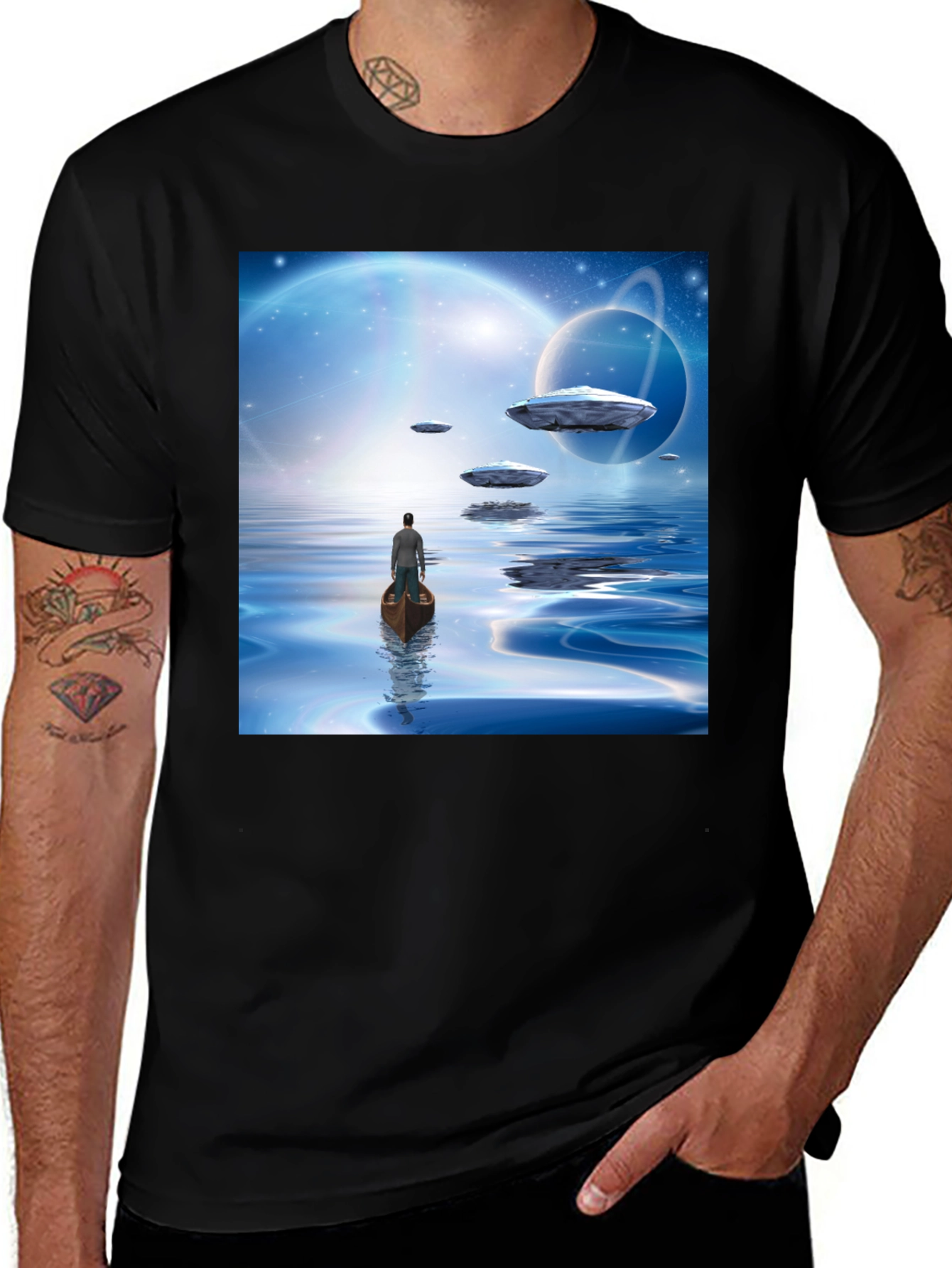 Variant 29 of Cosmic Voyage T-Shirt: Man in Boat Among UFOs