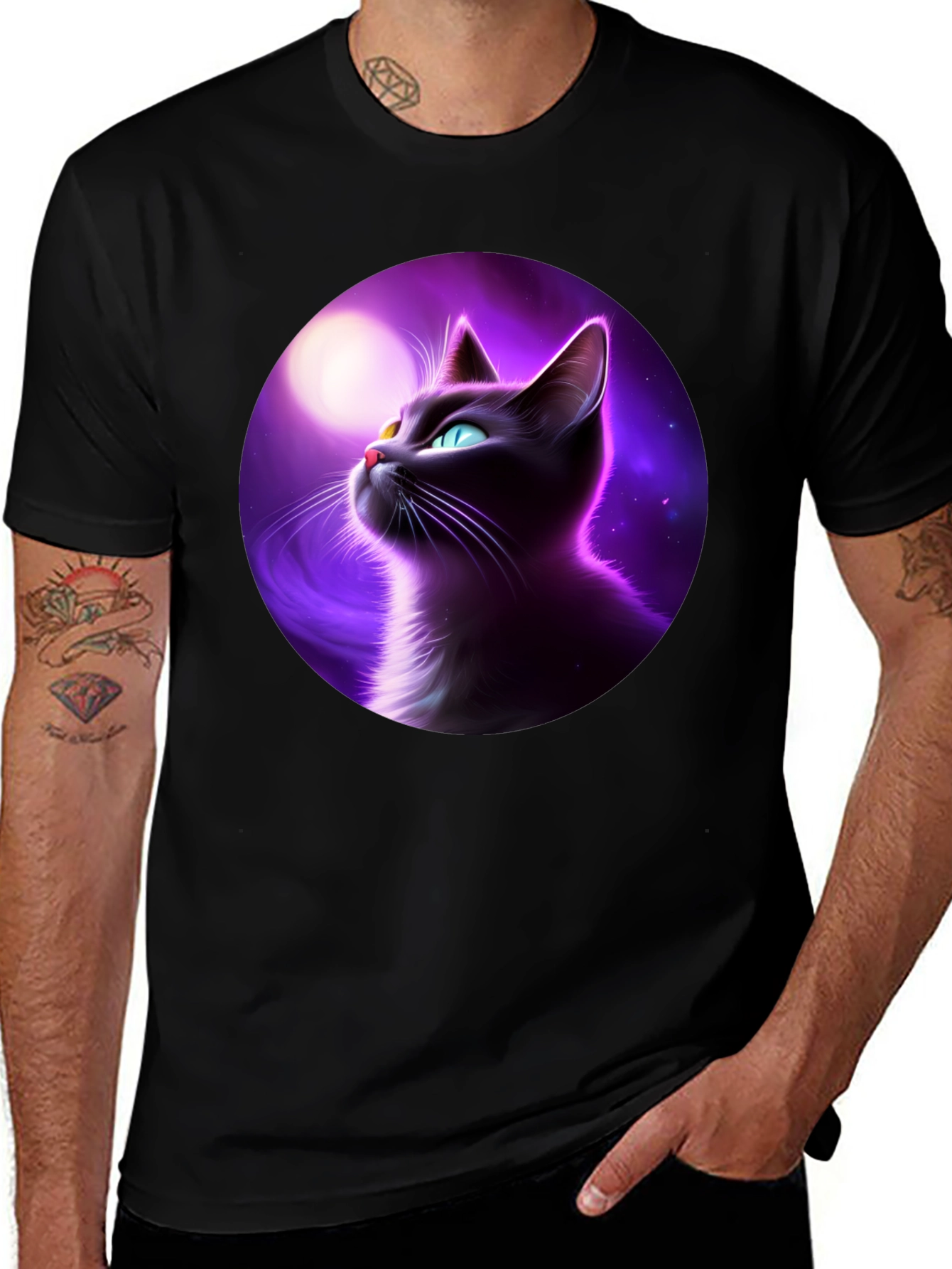 Variant 20 of Cosmic Cat Graphic Tee - Men's Black T-Shirt