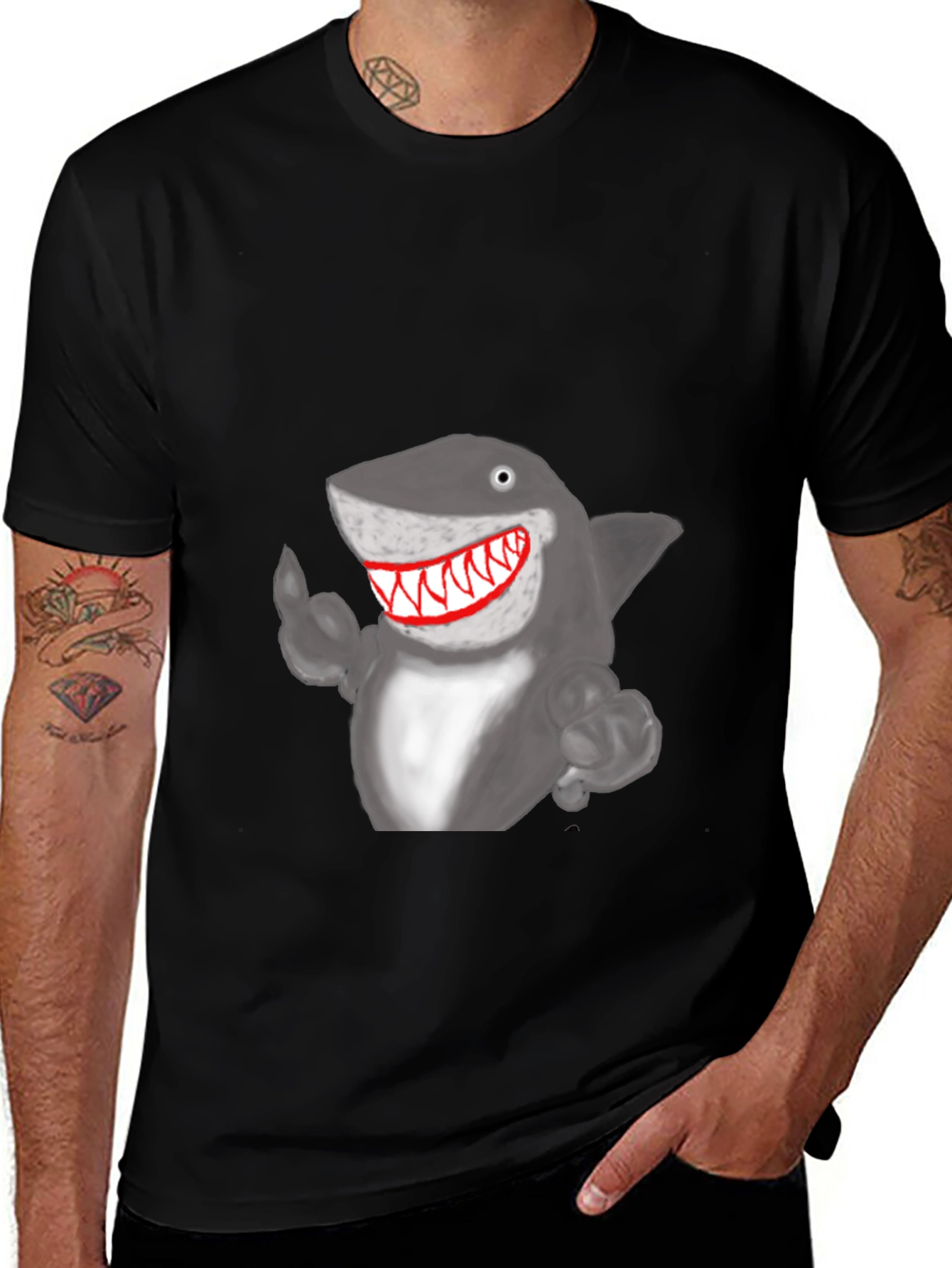 Variant 5 of Cartoon Shark Graphic T-Shirt - Black Cotton Tee
