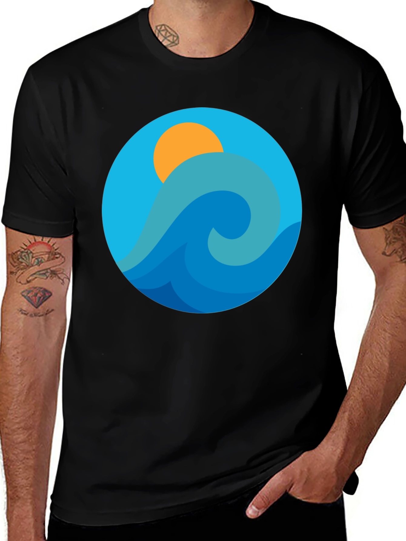 Variant 4 of Ocean Wave Graphic Tee - Black Cotton Blend T-Shirt