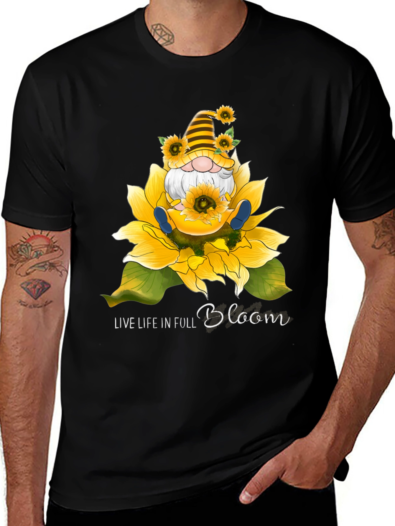 Sunflower Gnome Graphic Tee - Live Life In Full Bloom T-Shirt