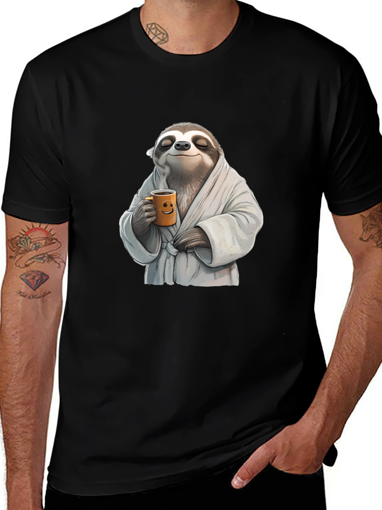 Variant 26 of Relaxed Sloth Black T-Shirt - Coffee Time!