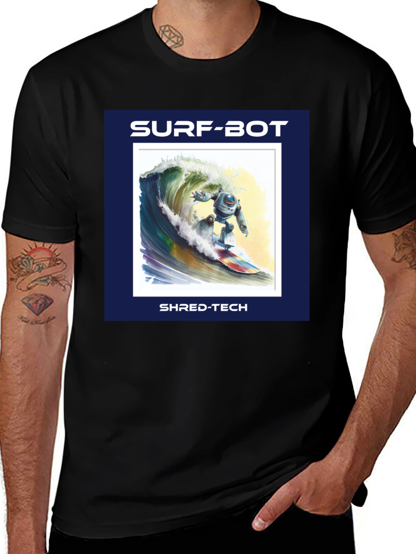 Variant 19 of Surf-Bot Shred-Tech T-Shirt - Robot Surfing Wave Design