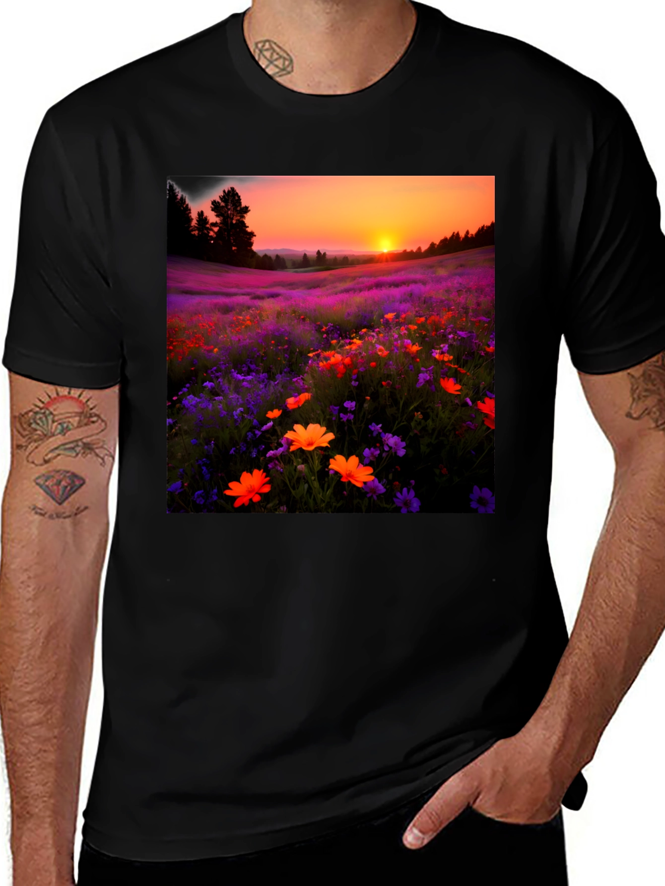 Variant 28 of Sunset Meadow Graphic Tee - Black Cotton Blend