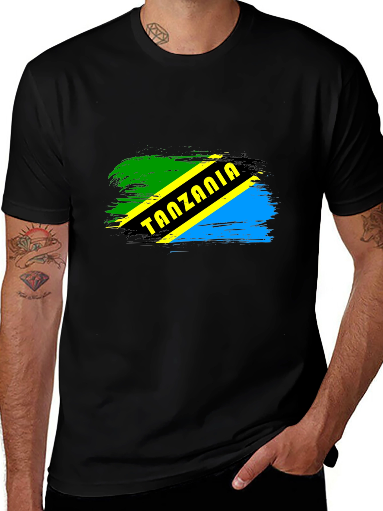 Variant 6 of Tanzania Flag Brushstroke Men's Black T-Shirt