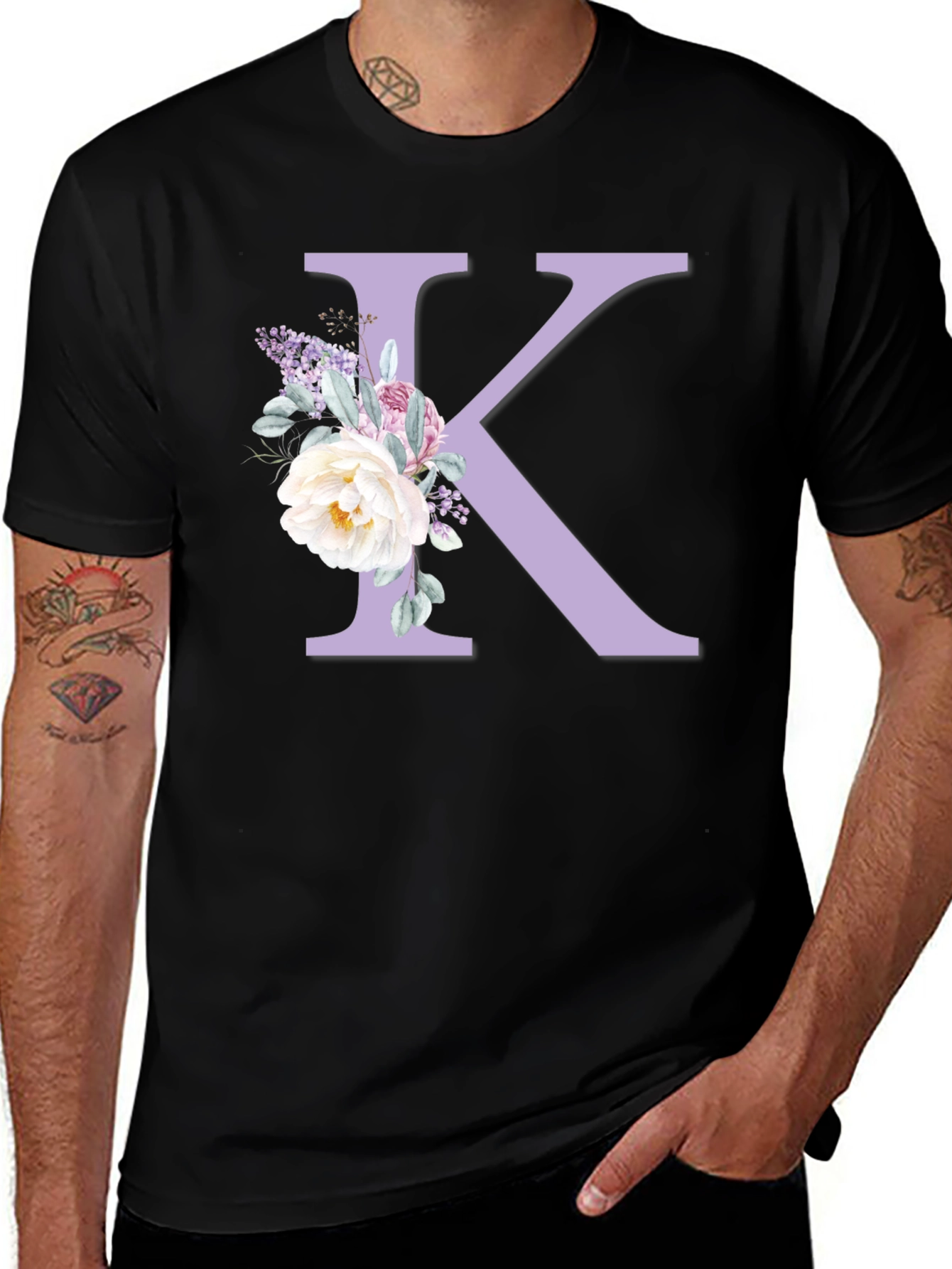 Variant 15 of Floral Letter K Black T-Shirt