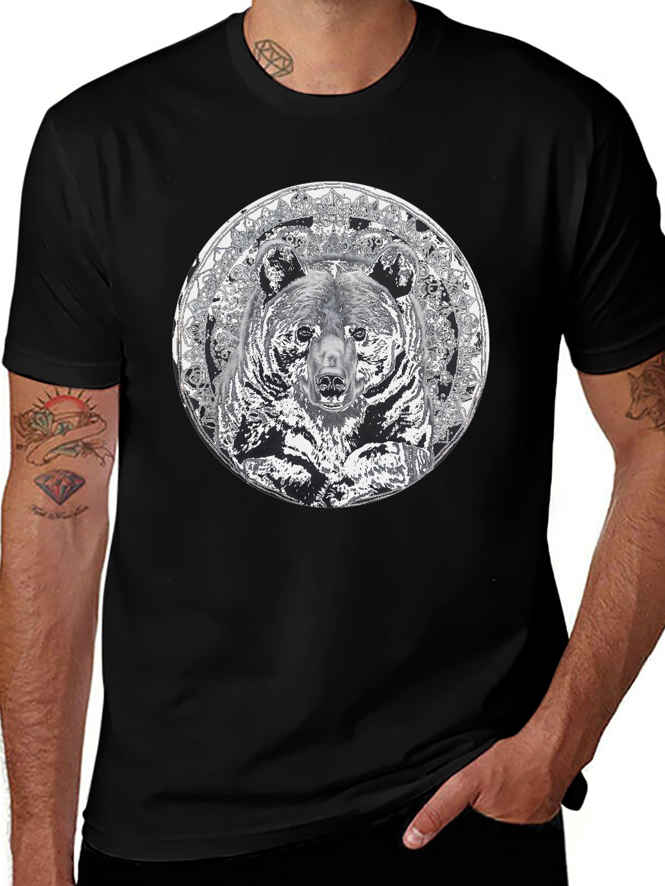 Variant 21 of Bear Mandala Graphic Tee - Black Cotton Blend Shirt