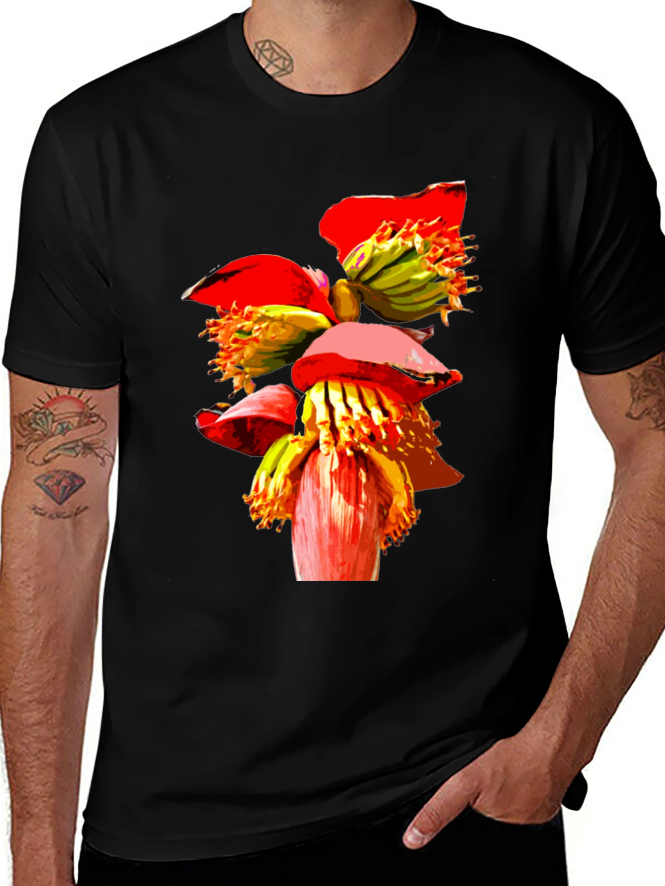 Variant 9 of Banana Flower Graphic Tee - Black Casual T-Shirt