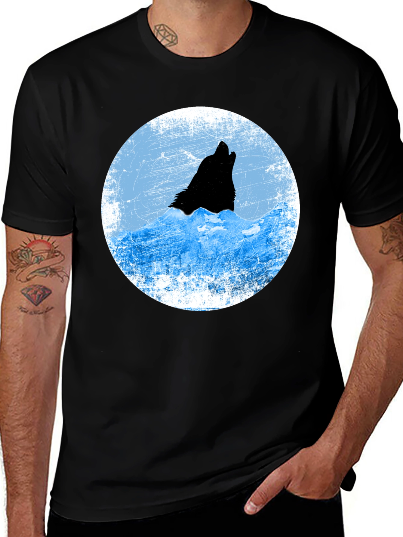 Variant 7 of Wolf Howling at Moon Graphic T-Shirt - Black