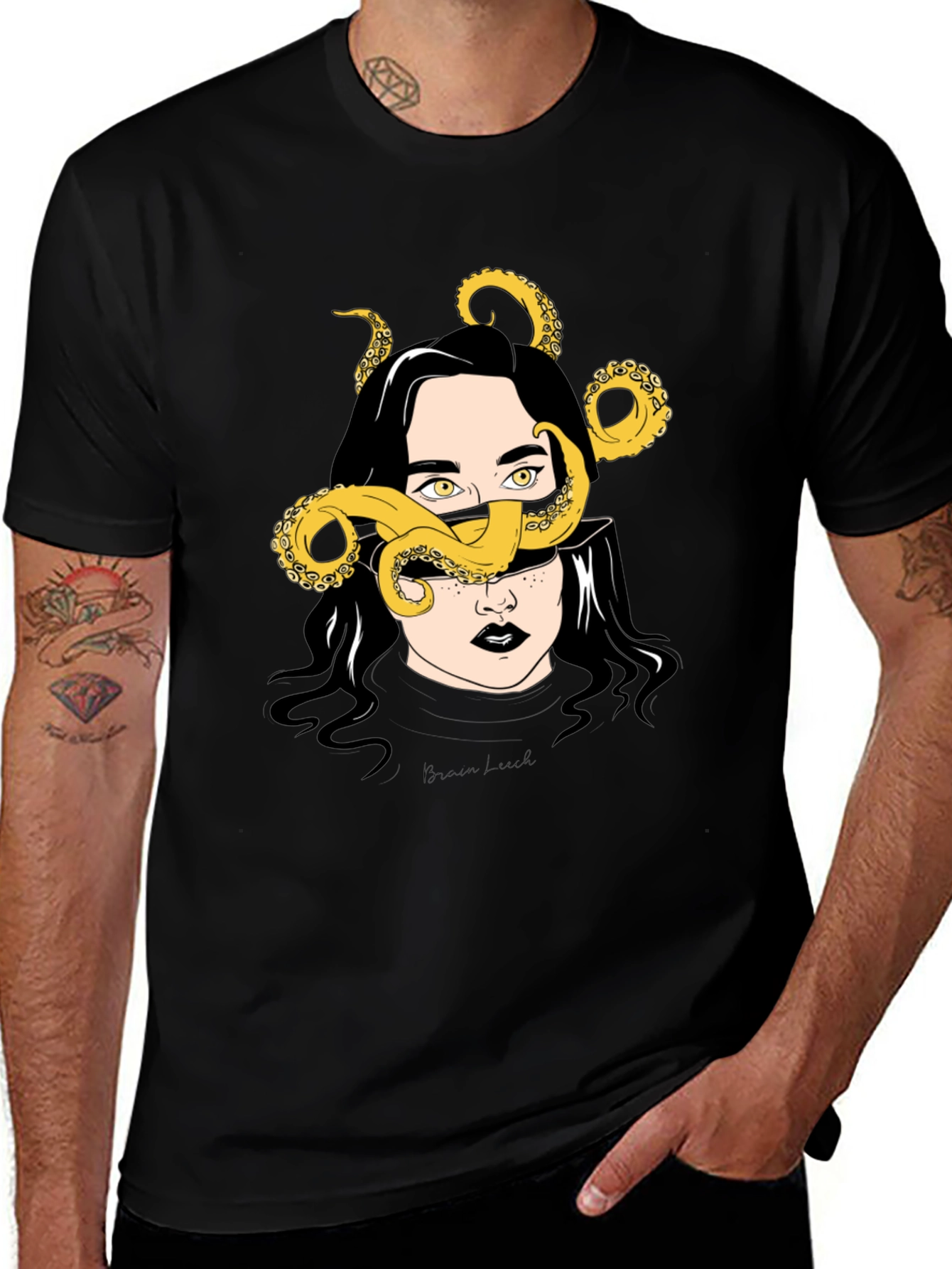 Variant 22 of Black Graphic Tee - Woman with Octopus Tentacles