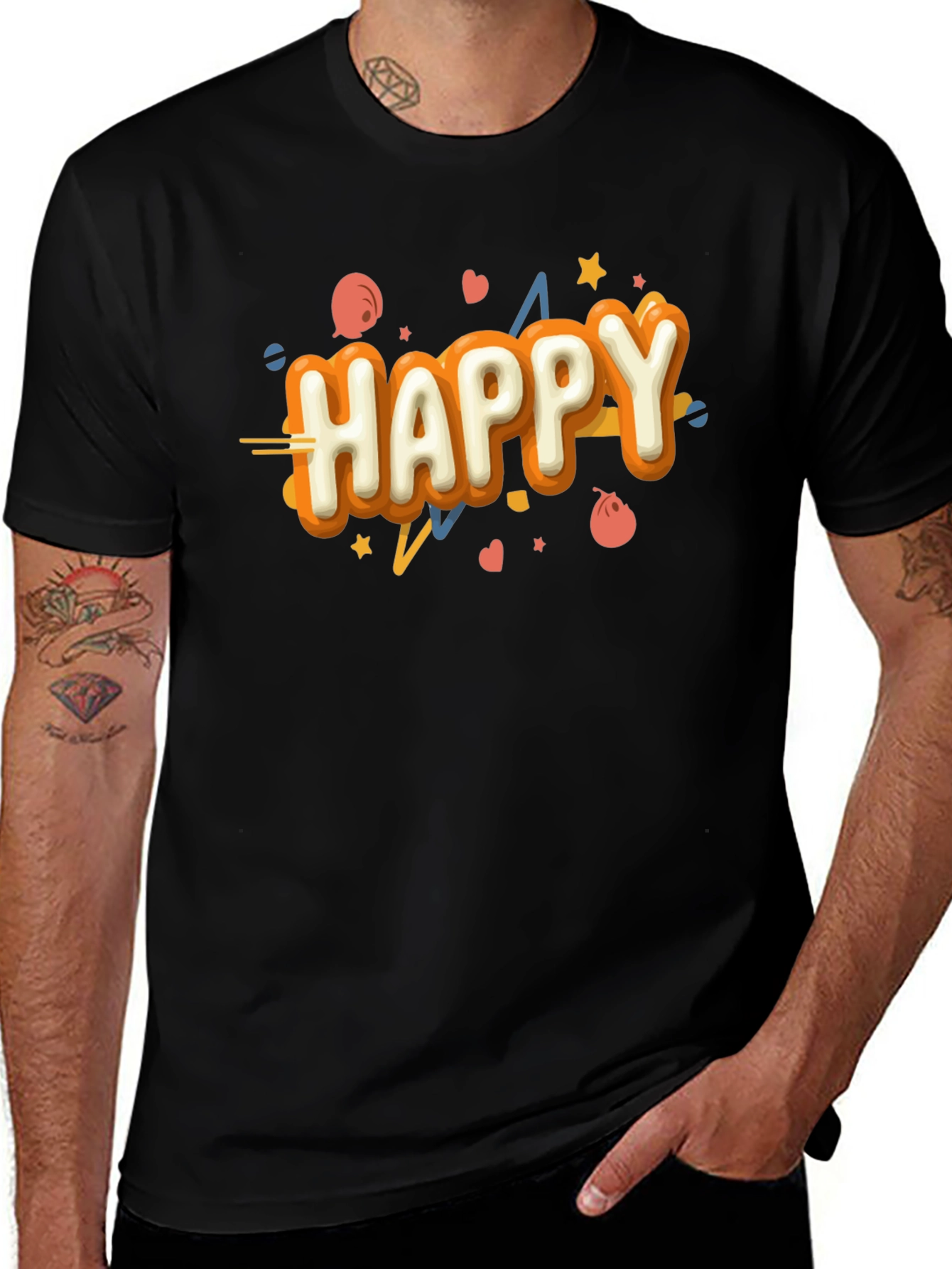 Happy Graphic Print T-Shirt - Black Casual Tee