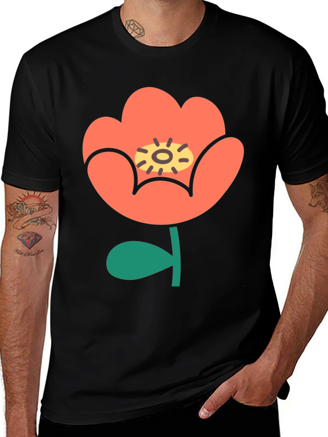 Variant 14 of Black T-Shirt with Retro Floral Design