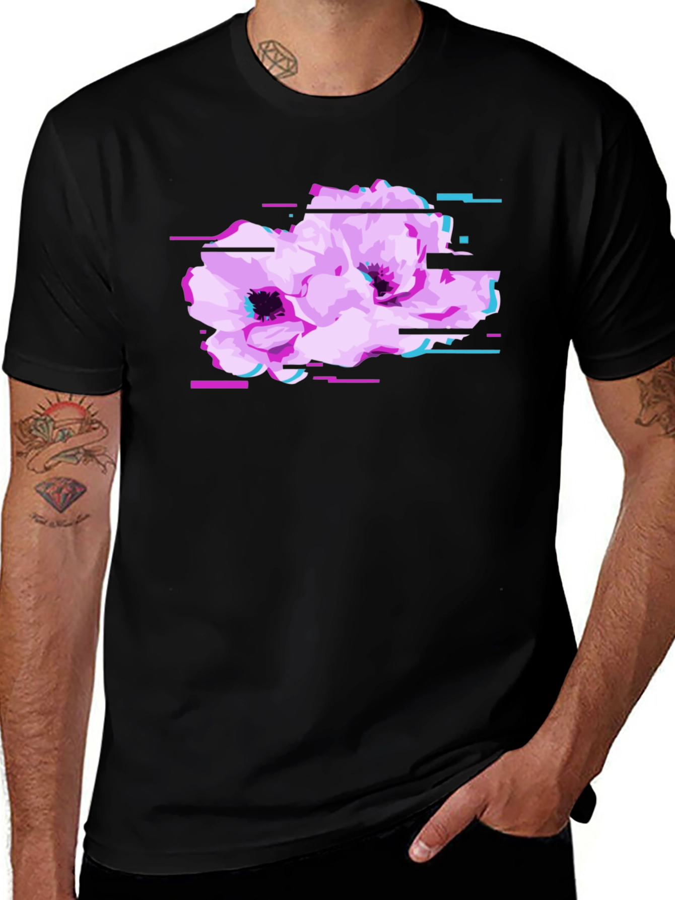 Variant 6 of Black T-Shirt with Floral Glitch Graphic
