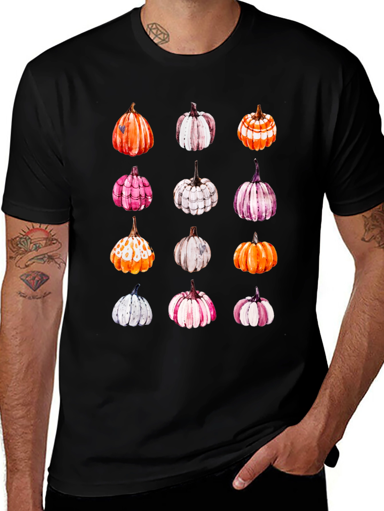 Variant 2 of Watercolor Pumpkins Graphic Black Tee Shirt