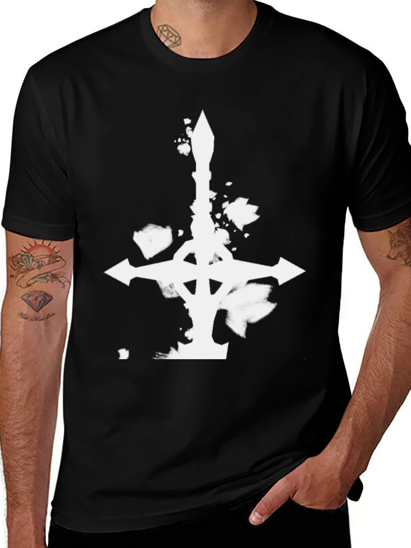 Variant 7 of Men's Black T-Shirt with White Dagger Cross Graphic