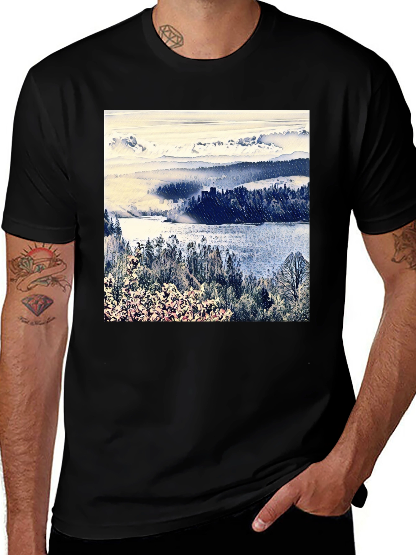 Scenic Landscape Graphic Tee - Black Casual T-Shirt