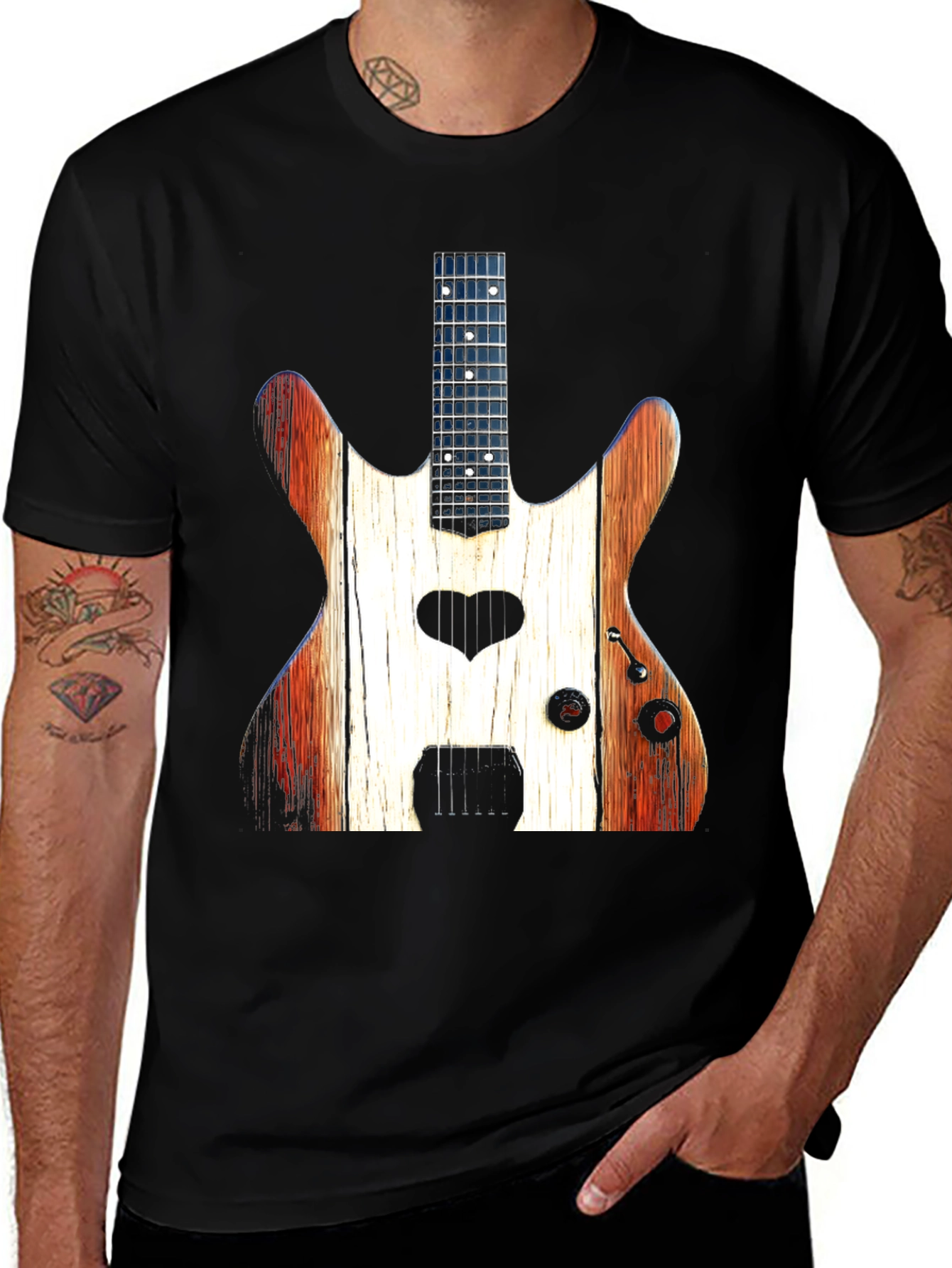 Variant 24 of Guitar Heart Black T-Shirt - Rustic Wood Design