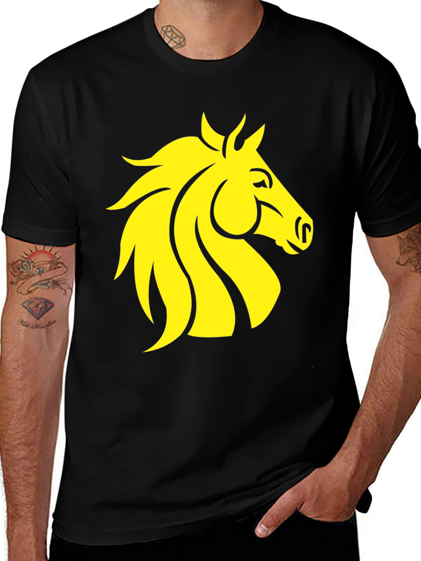 Black T-Shirt with Yellow Horse Graphic