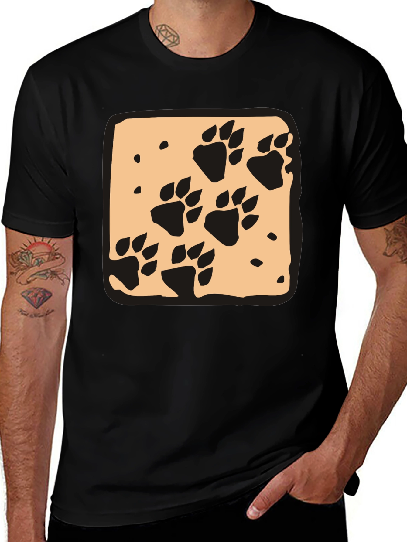 Variant 16 of Paw Print Graphic Tee - Black Crew Neck Casual T-Shirt