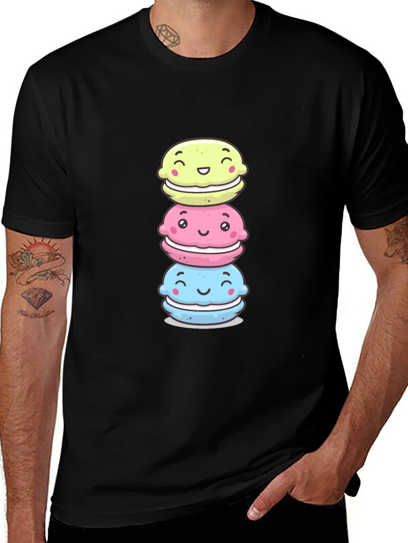 Variant 15 of Cute Macaron Stack T-Shirt - Black