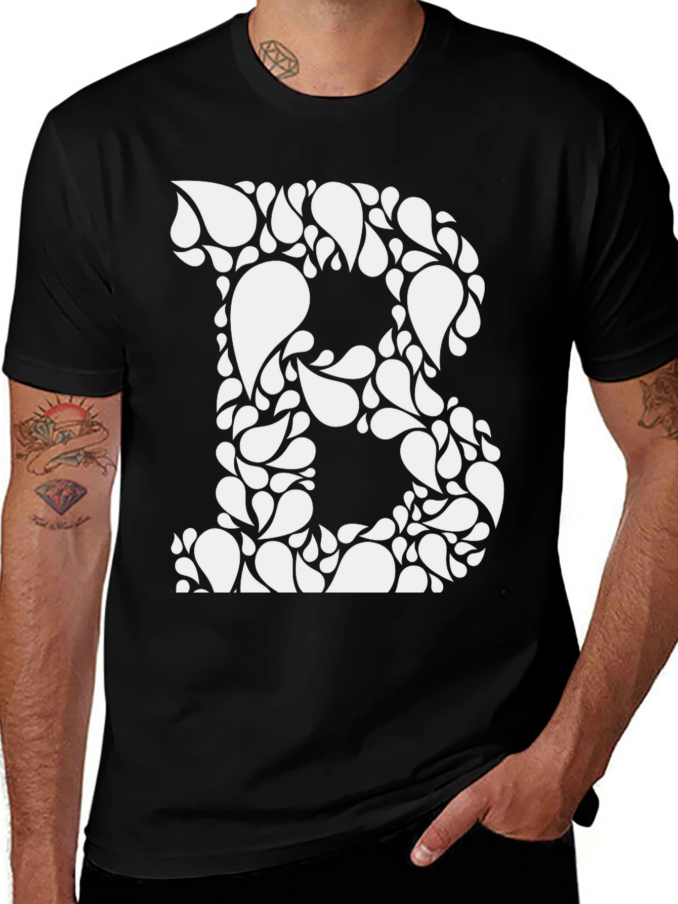 Variant 5 of Black Tee with White Floral Letter B Design