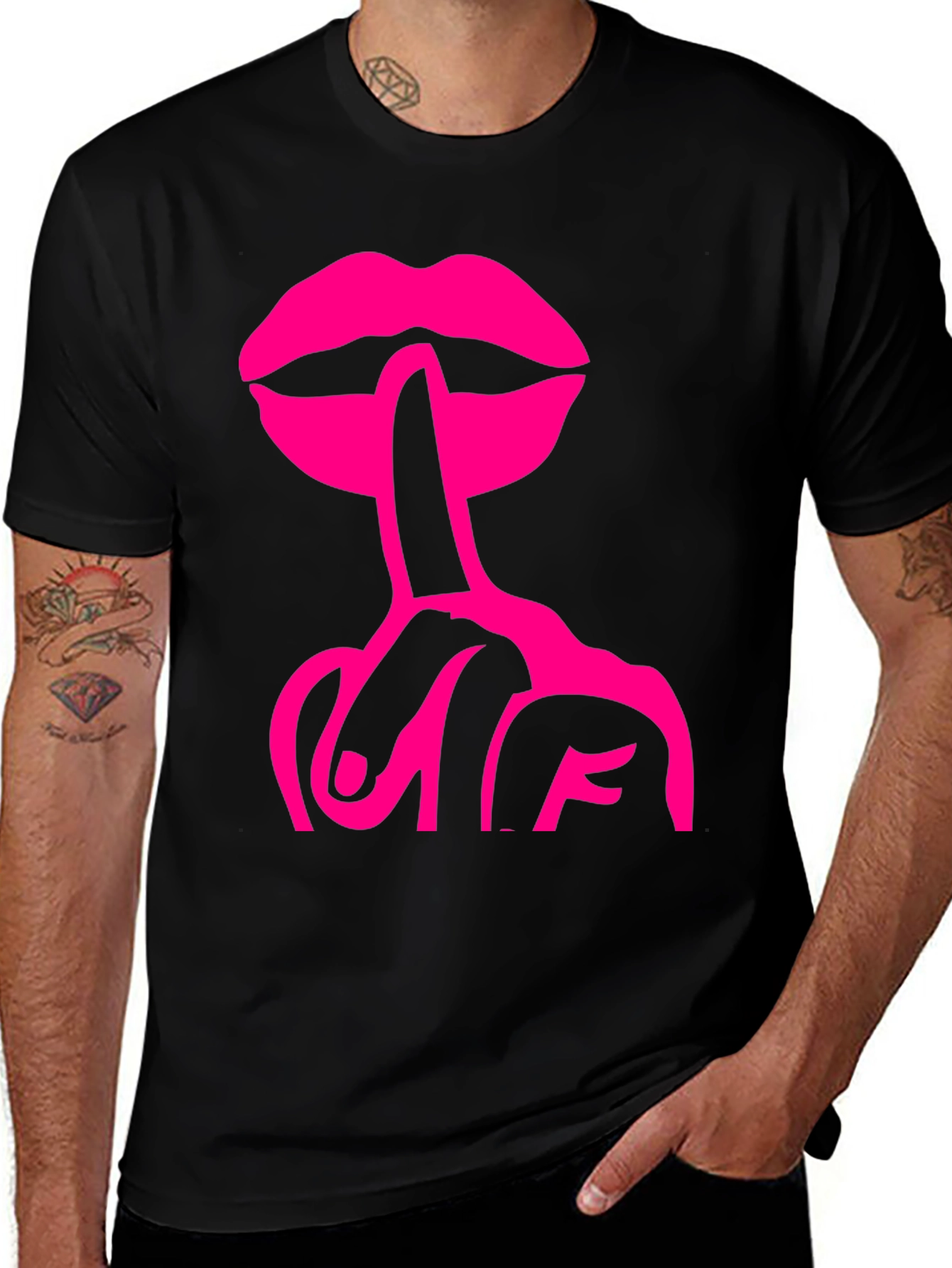 Variant 8 of Pink Lips Shhh Graphic Black T-Shirt