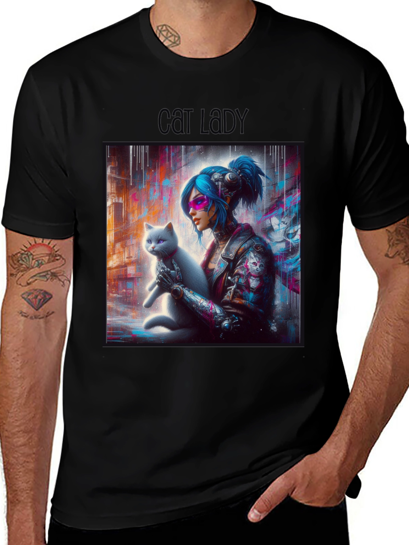 Variant 16 of Cyberpunk Cat Lady Graphic Tee - Unisex Black T-Shirt
