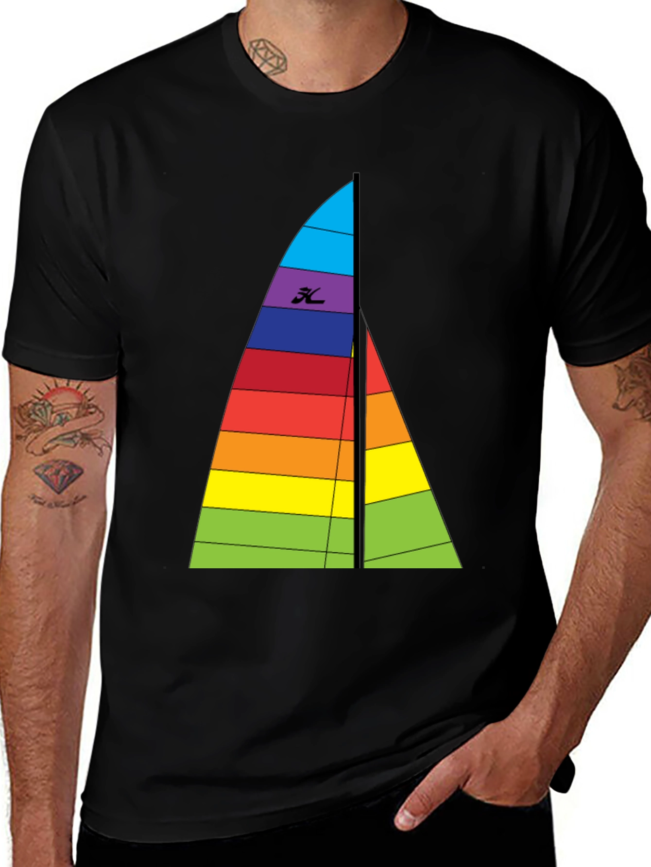 Variant 23 of Rainbow Sailboat Graphic Tee - Black Cotton T-Shirt