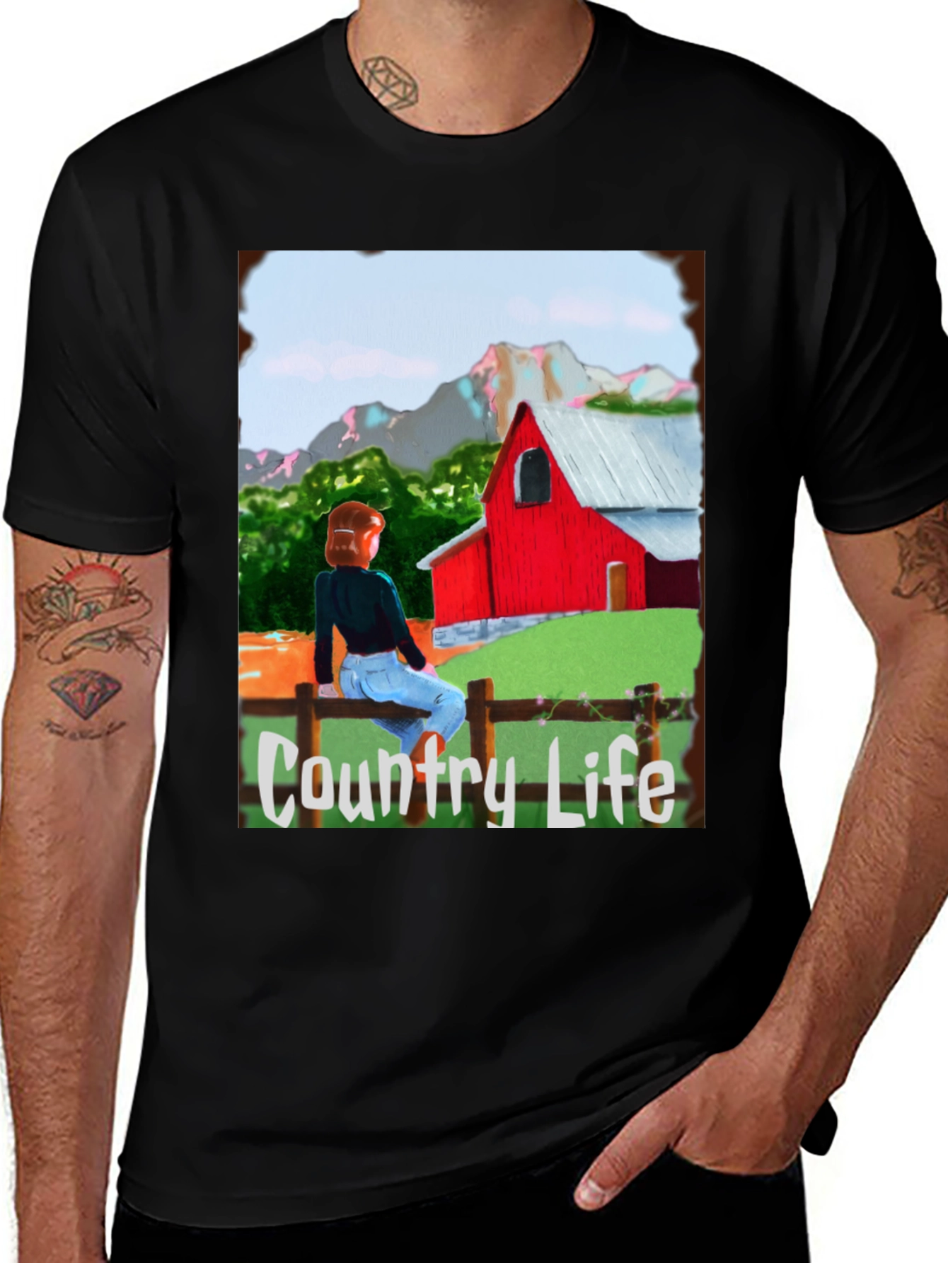 Variant 21 of Country Life Barn Scene Graphic Tee - Black