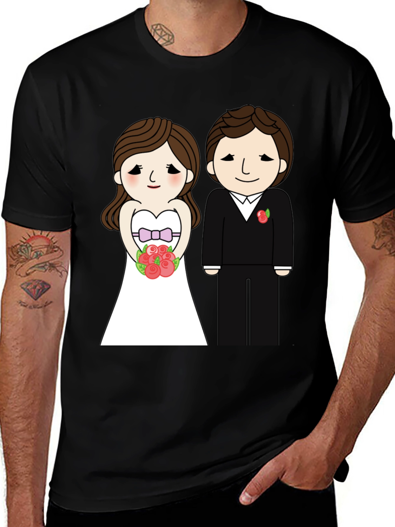 Variant 12 of Bride & Groom Cartoon Graphic Tee - Black T-Shirt