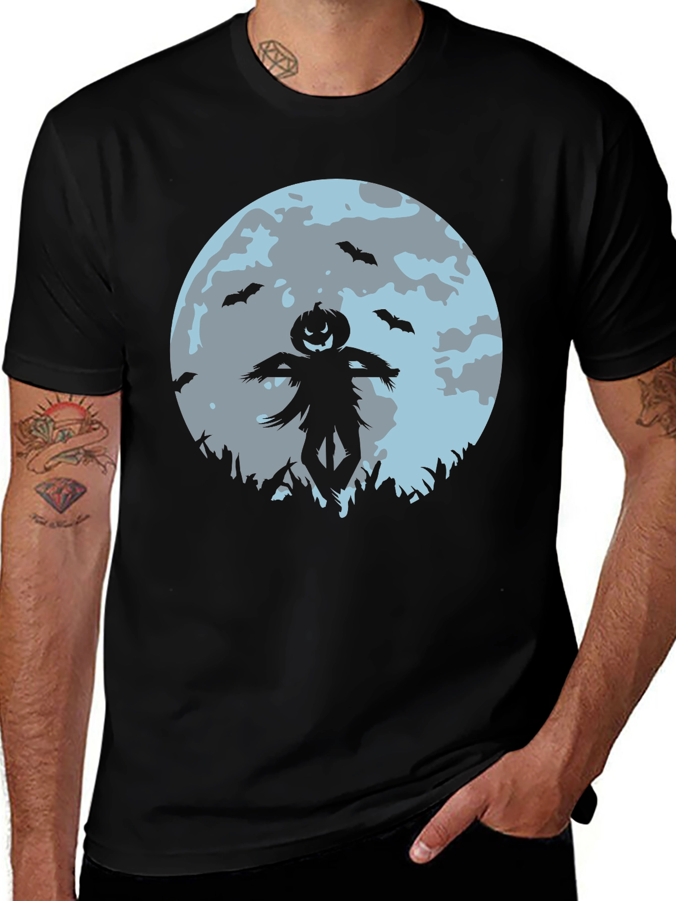 Halloween Scarecrow Moon Graphic Tee - Black