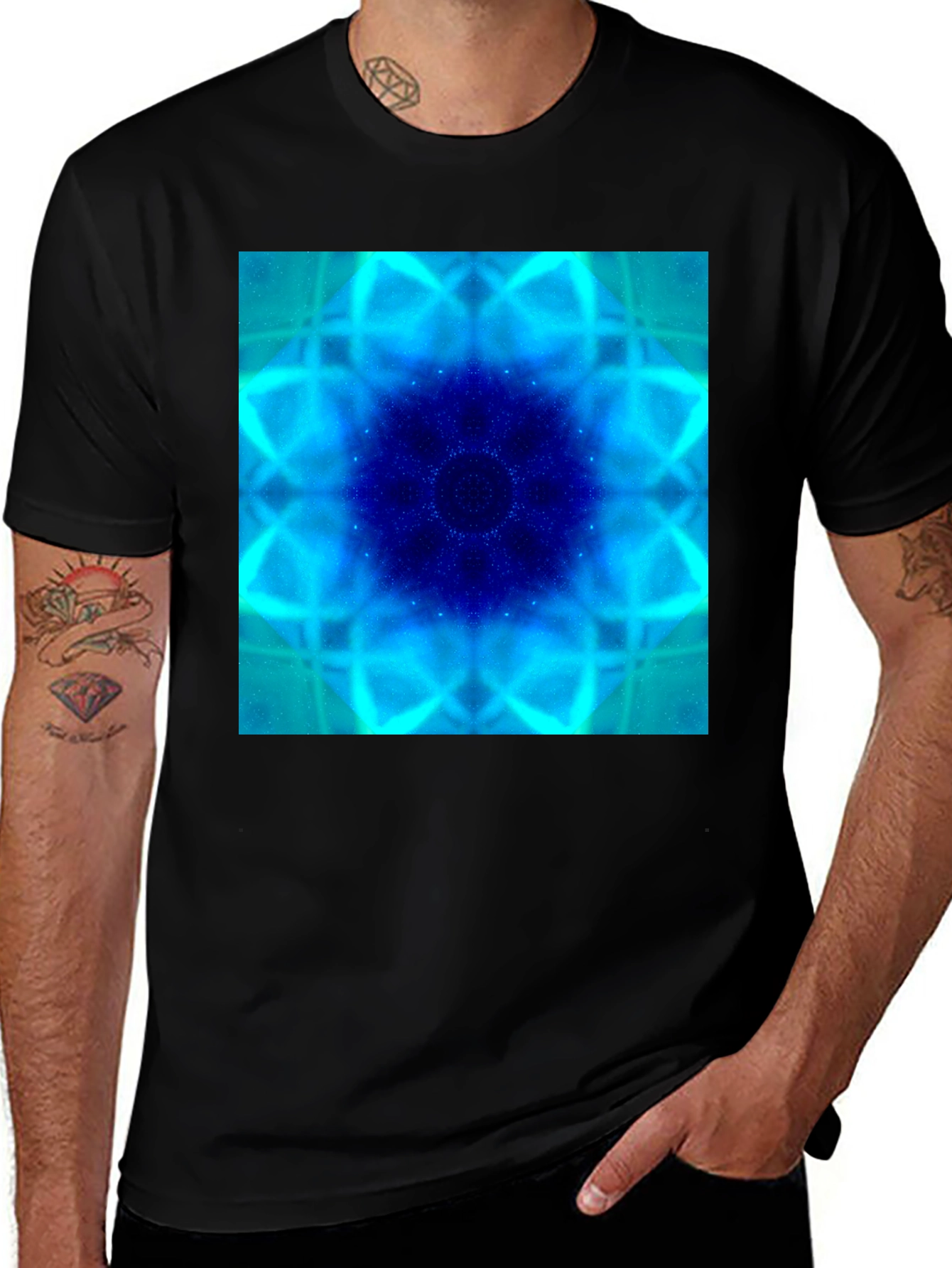 Blue Fractal Art Black T-Shirt