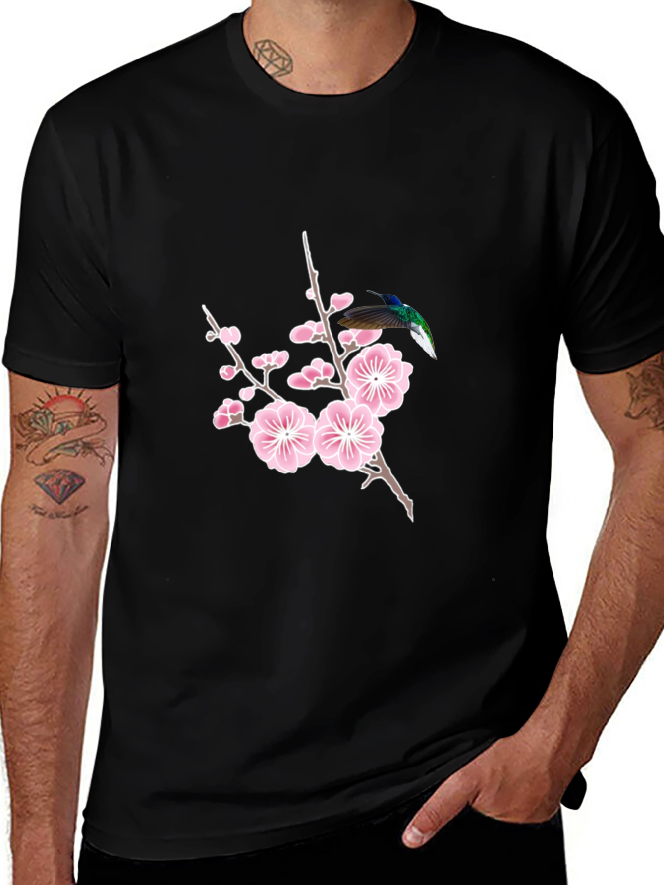 Hummingbird & Cherry Blossom Graphic Tee - Black Cotton