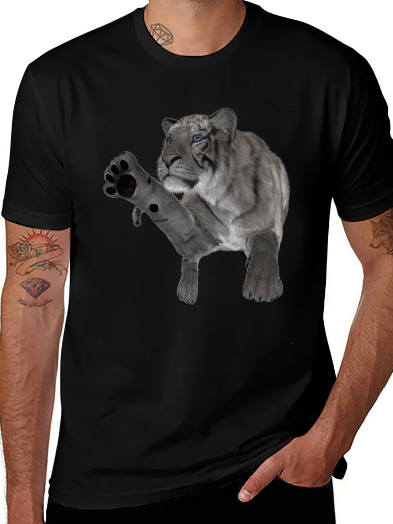 Variant 26 of Men's Black T-Shirt with White Tiger Graphic