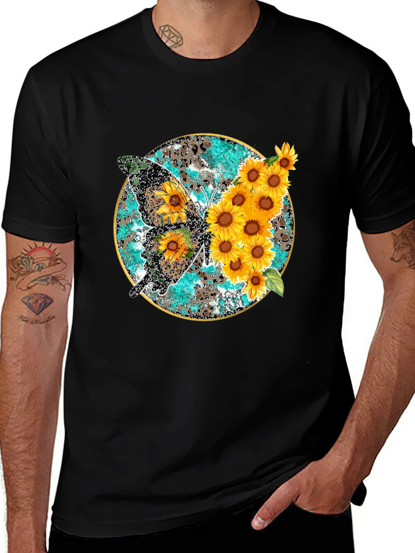 Variant 15 of Sunflower Butterfly Print Black T-Shirt