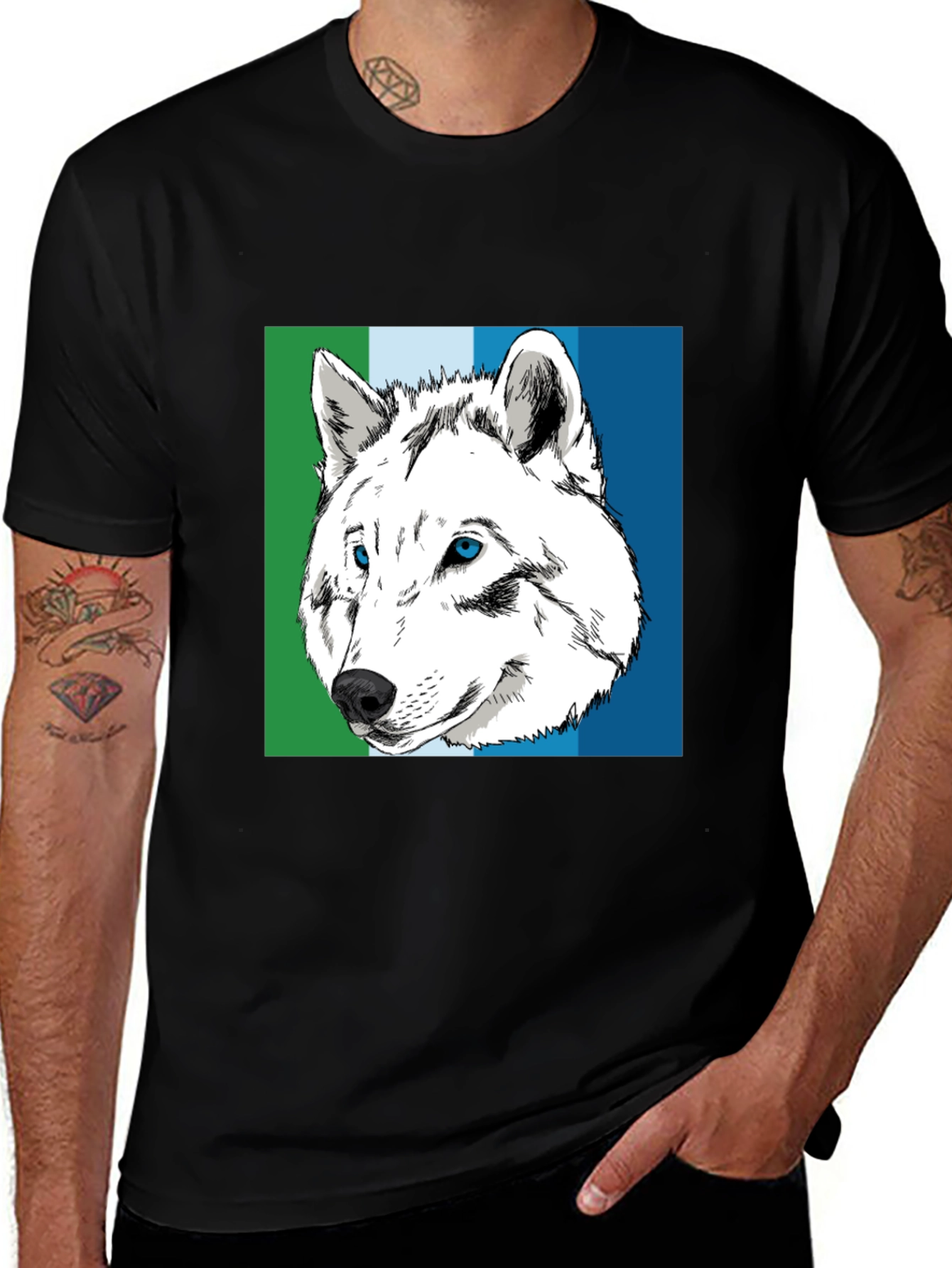 Variant 22 of Wolf Graphic Tee - Blue & Green Stripe