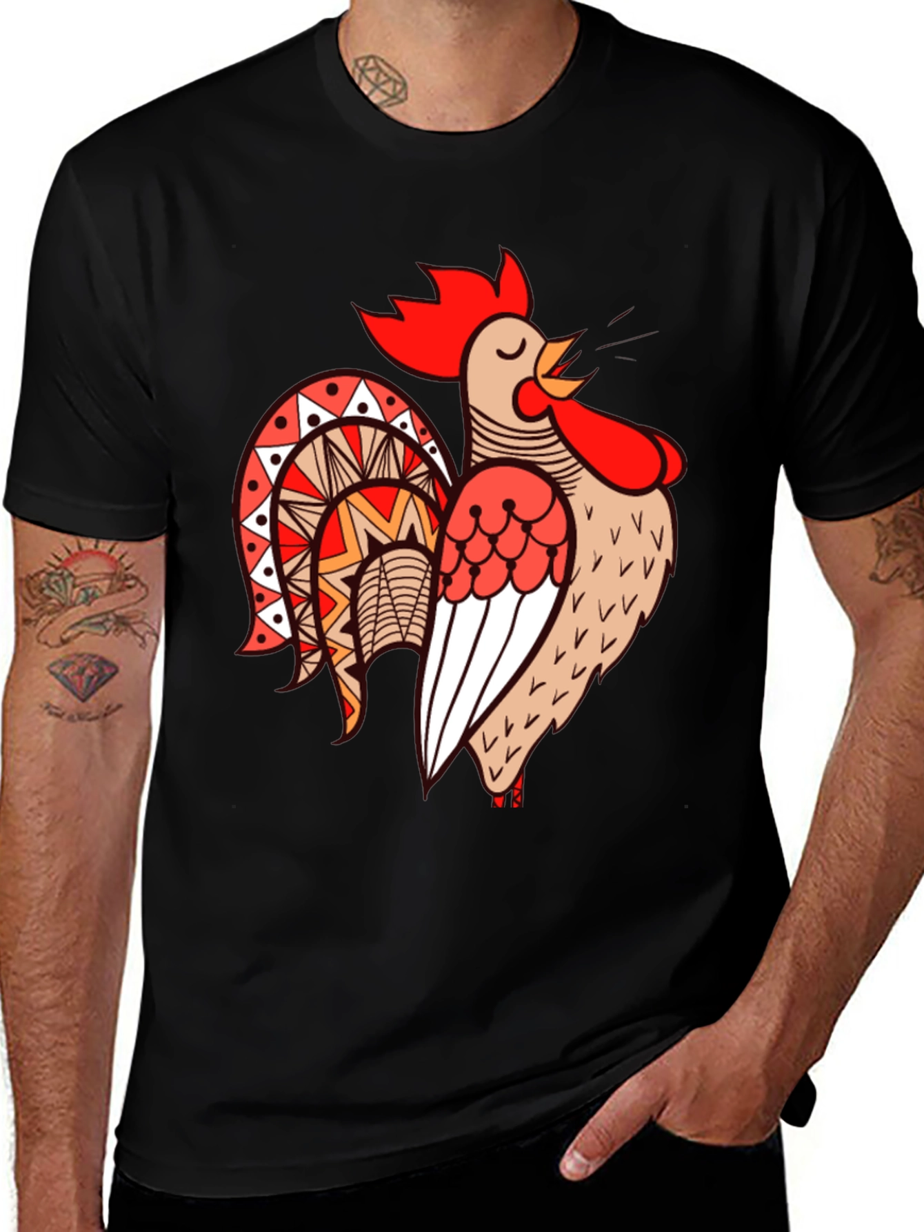 Rooster Graphic Tee - Black Cotton T-Shirt