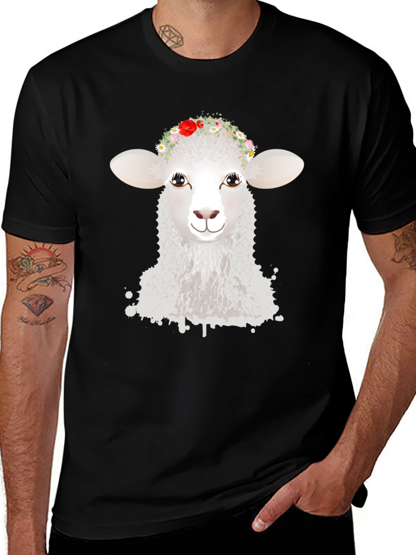 Variant 26 of Cute Lamb with Flower Crown Black T-Shirt