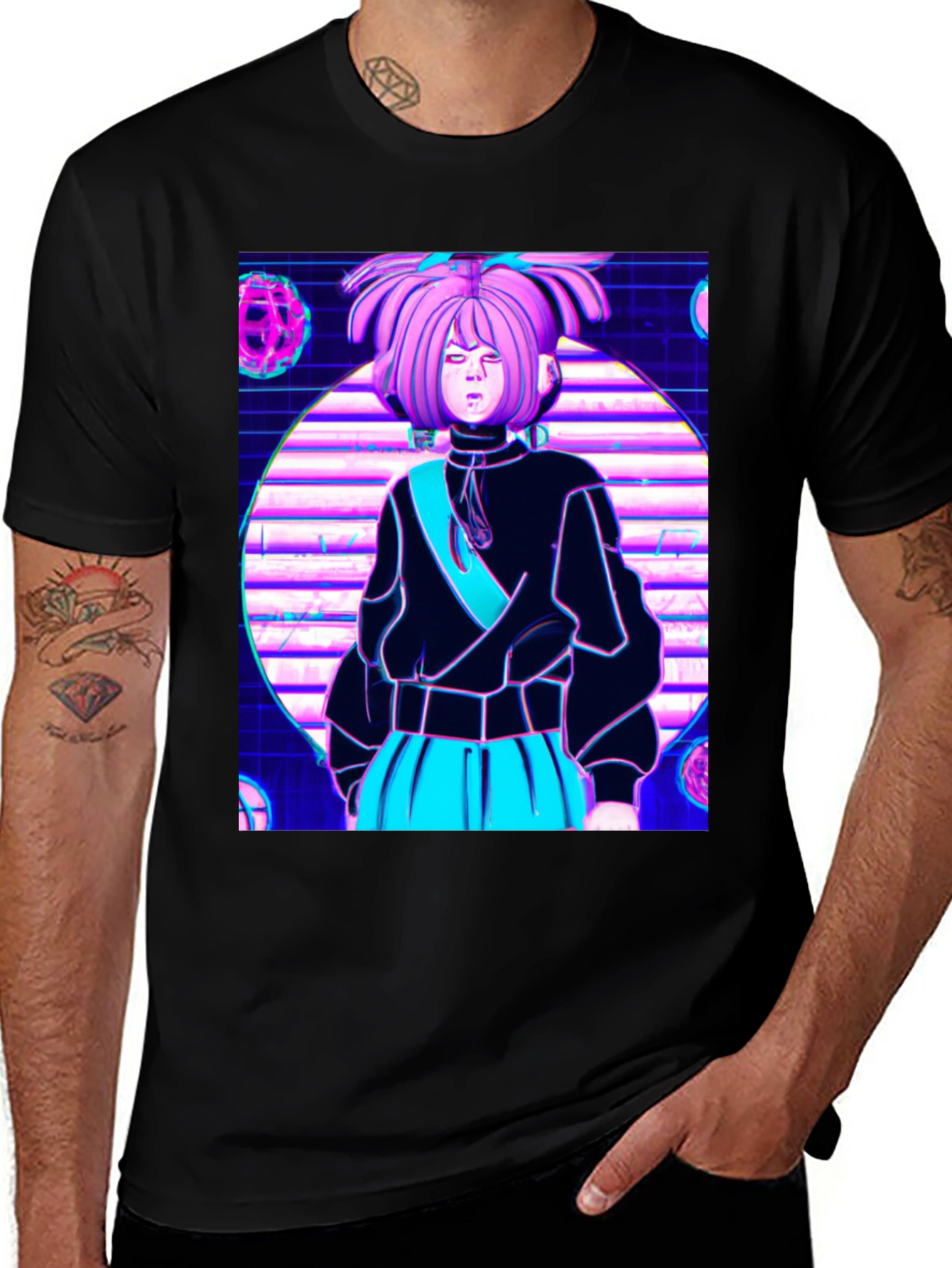 Variant 3 of Anime Girl Black T-Shirt - Retro 80s Vaporwave Style