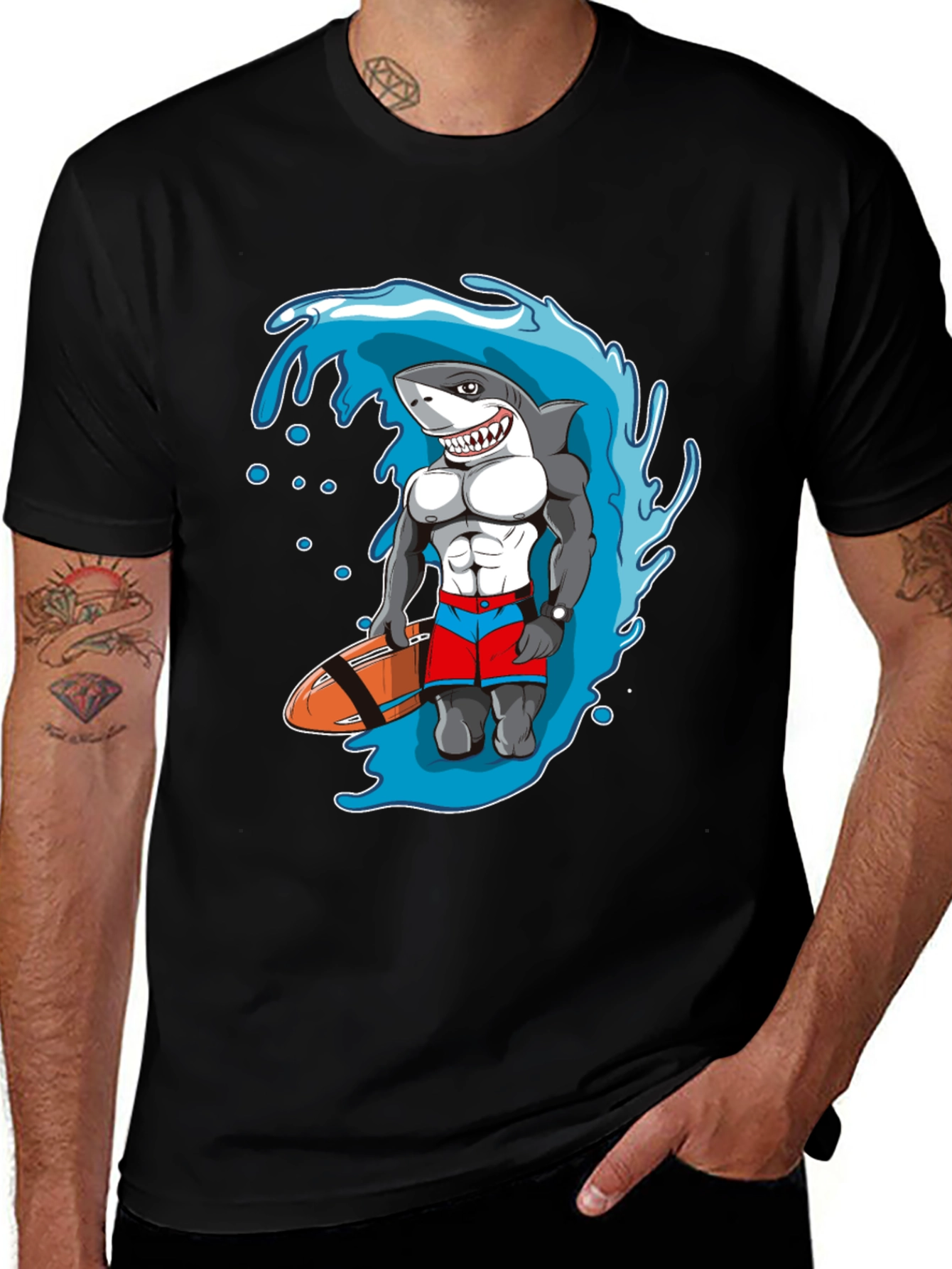 Variant 6 of Shark Lifeguard Black T-Shirt, Funny Cartoon Design