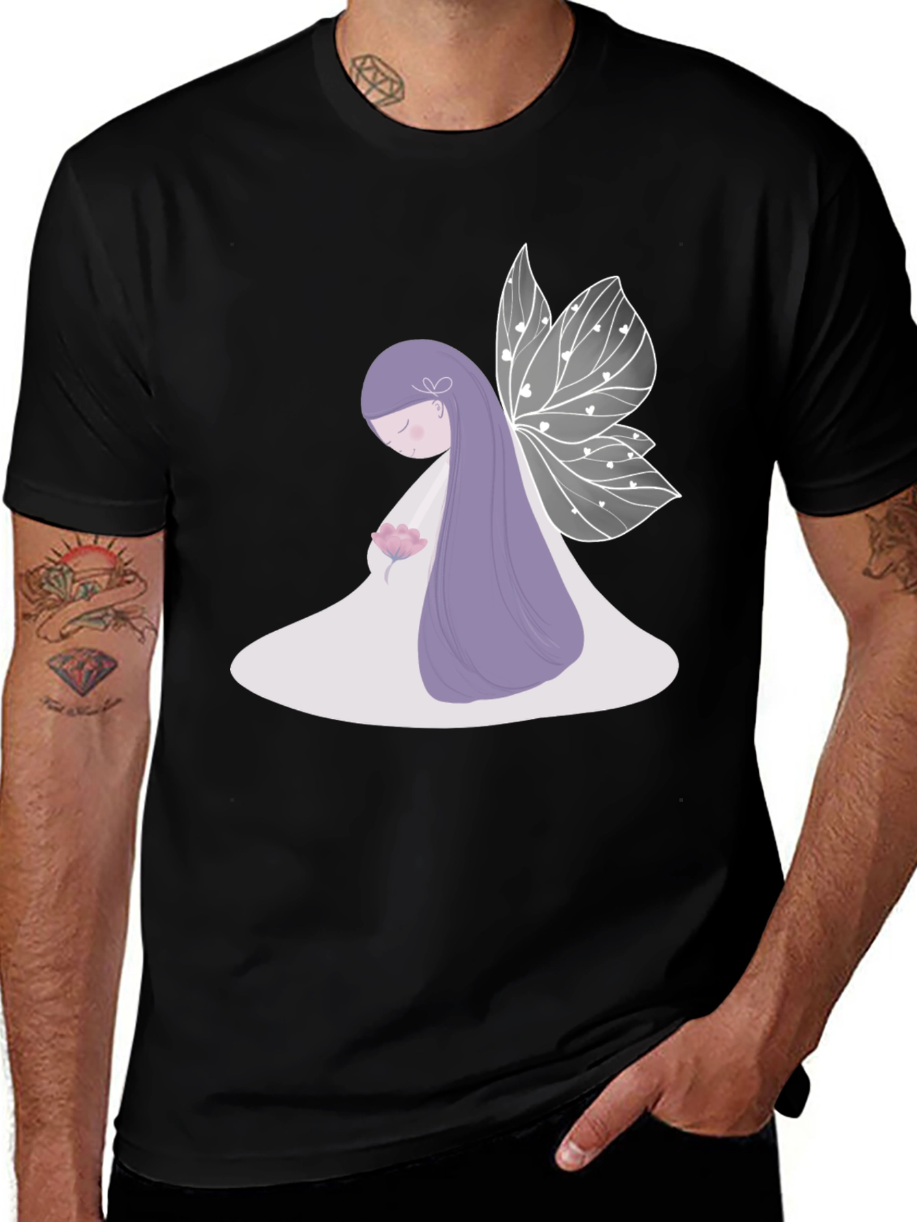 Variant 30 of Whimsical Fairy Graphic Tee - Black Cotton Blend