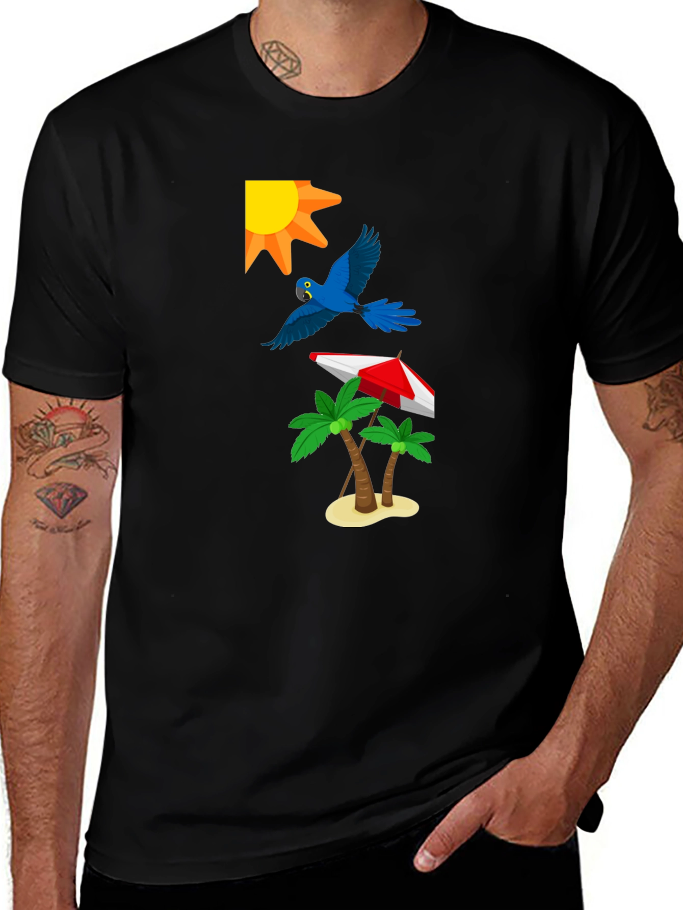 Variant 4 of Tropical Print T-Shirt: Sun, Parrot, Palms, Beach