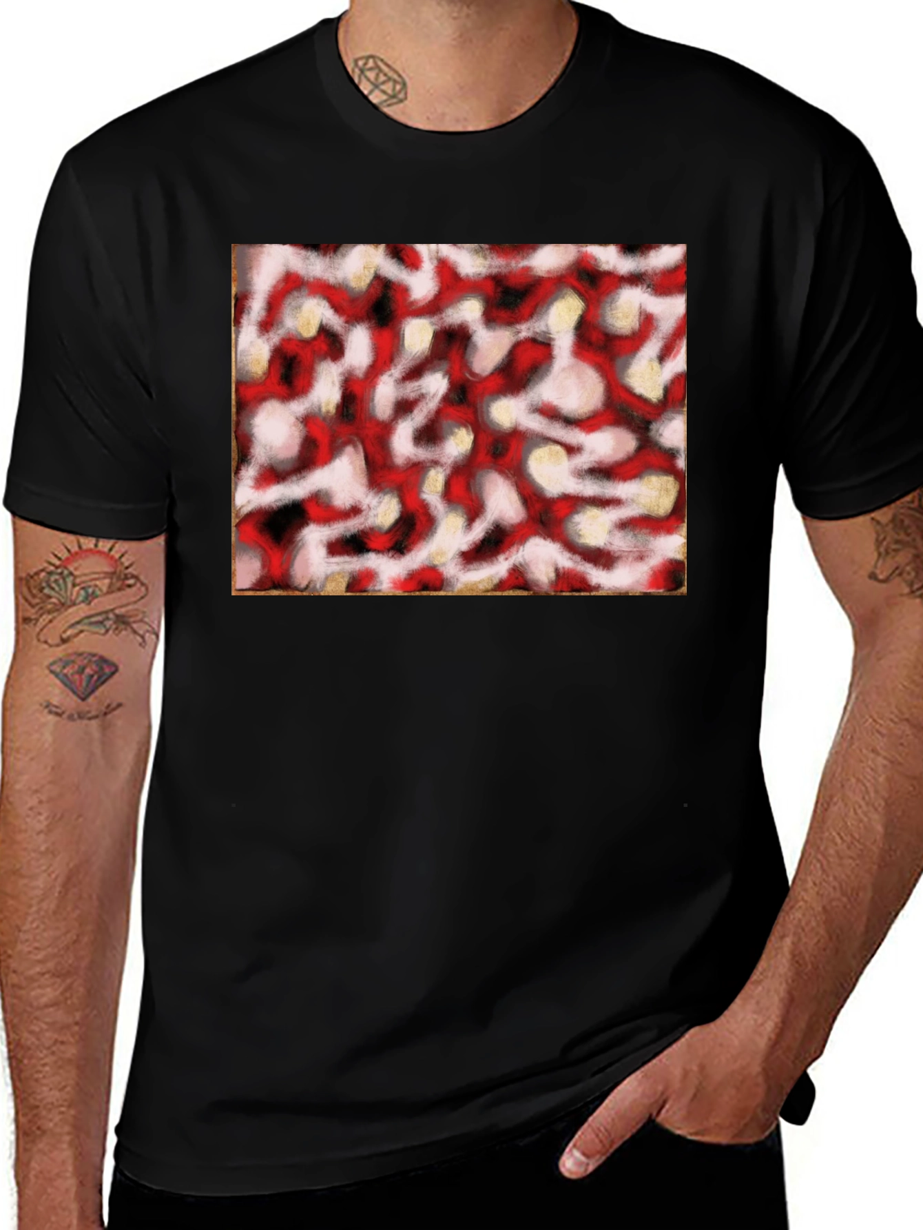 Variant 5 of Abstract Red & White Pattern Black T-Shirt