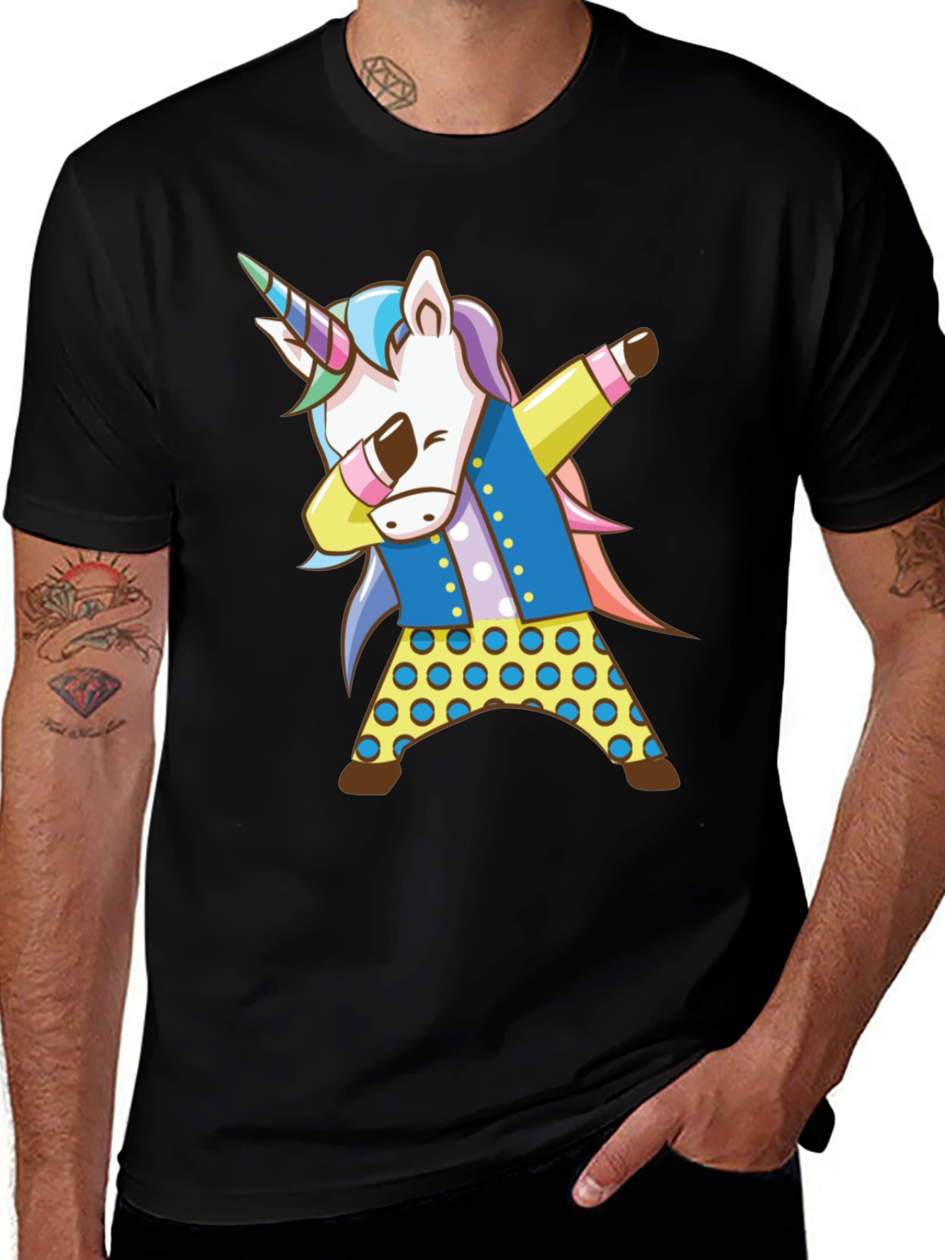 Variant 28 of Dabbing Unicorn Graphic Tee - Black Cotton Shirt